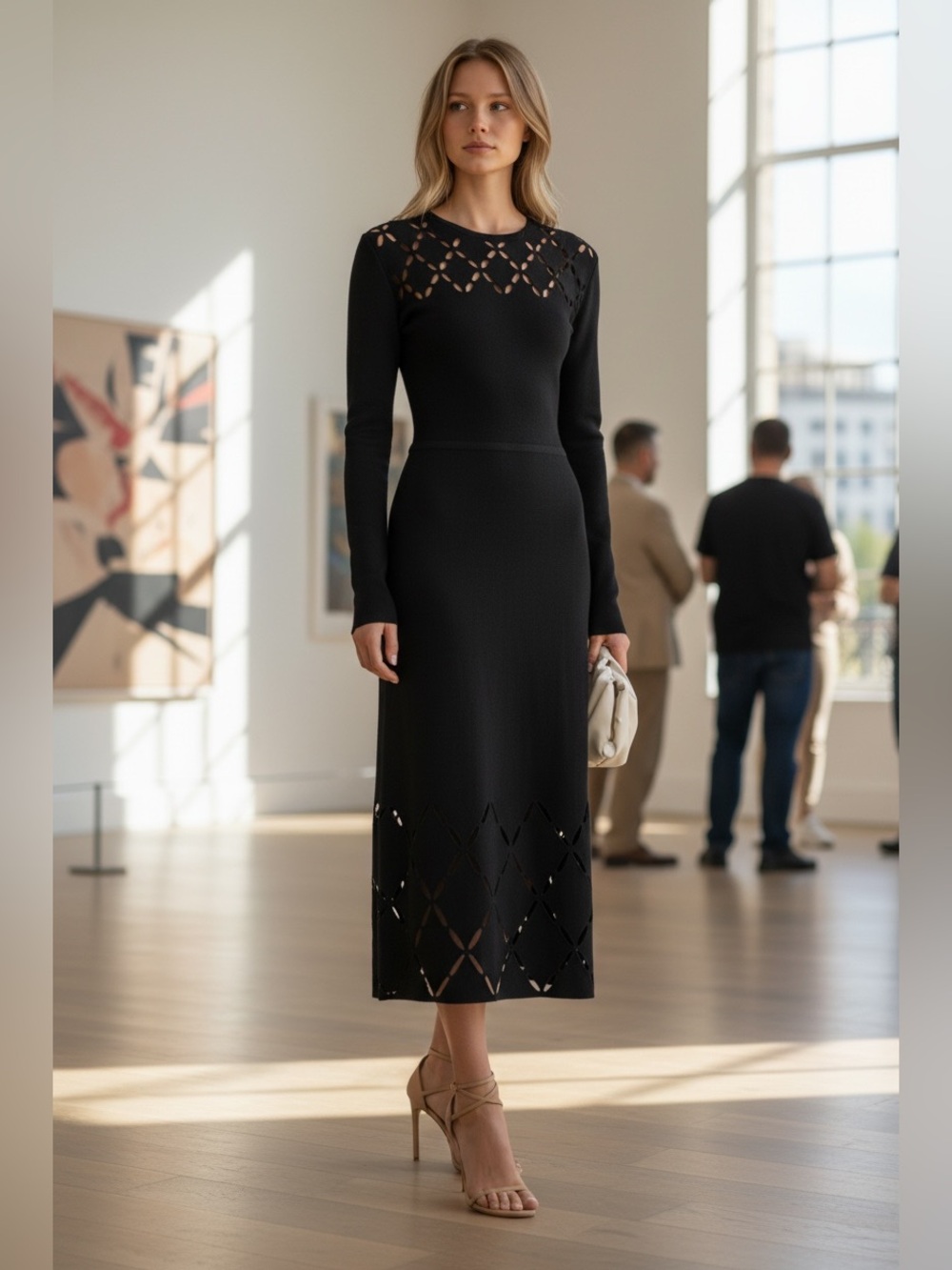 Lela Rose New Long Sleeve Pointelle Cut Out Knit Midi Dress Size M $1,690.00